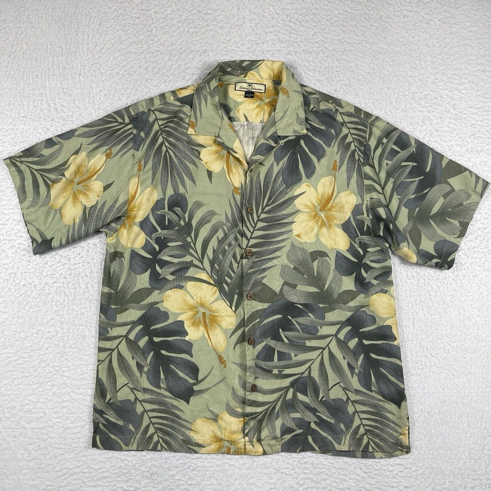 Tommy Bahama Shirt Mens Large Green Yellow Silk Floral Preppy Travel Loop Collar